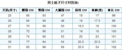 0841268611310 男士秋褲尺碼對照表